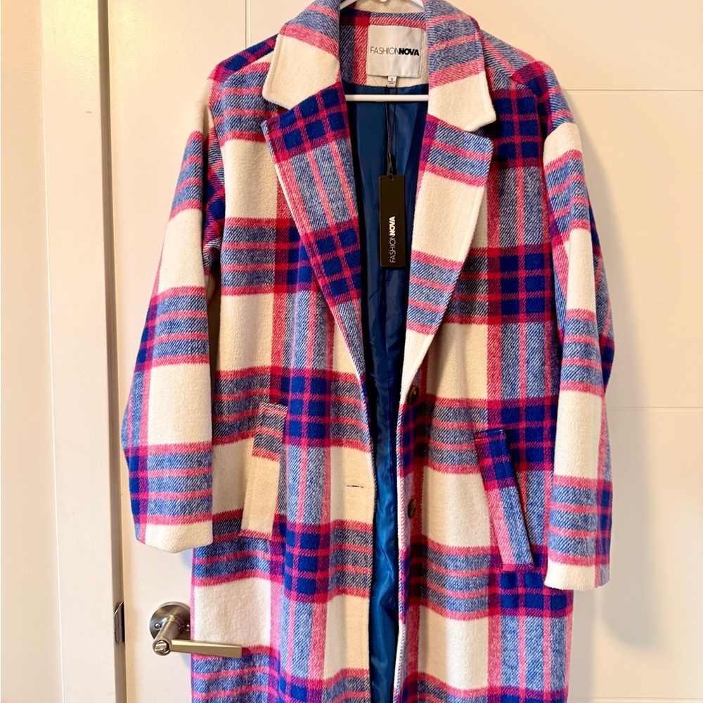 Fashion Nova Pink and Blue Trench Coat Bold Plaid Design